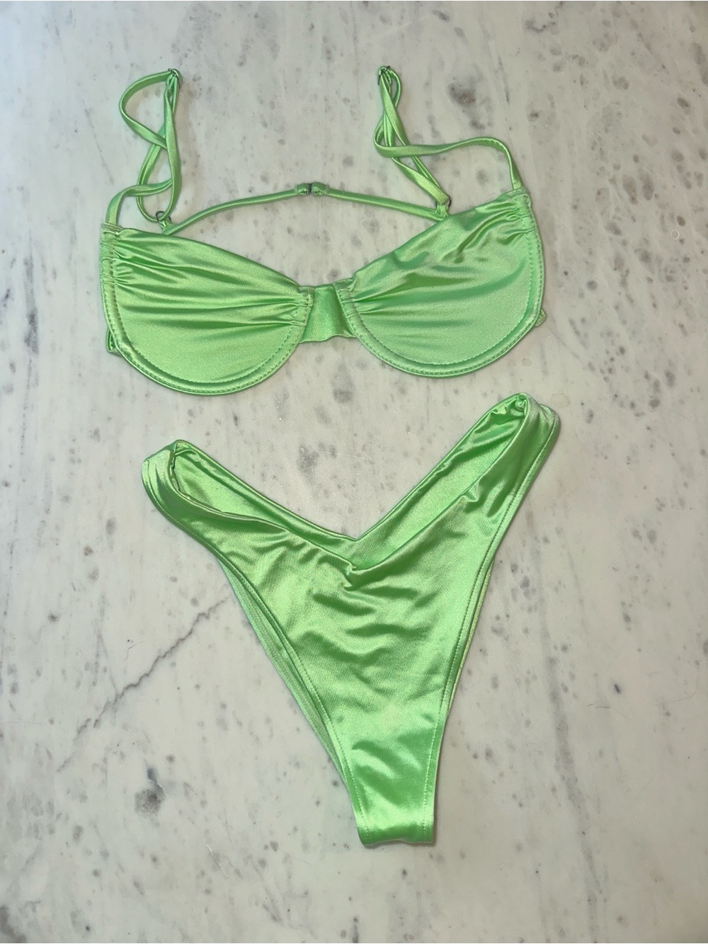 Frankie’s Bikini Neon Green Satin Underwire Bikini Set